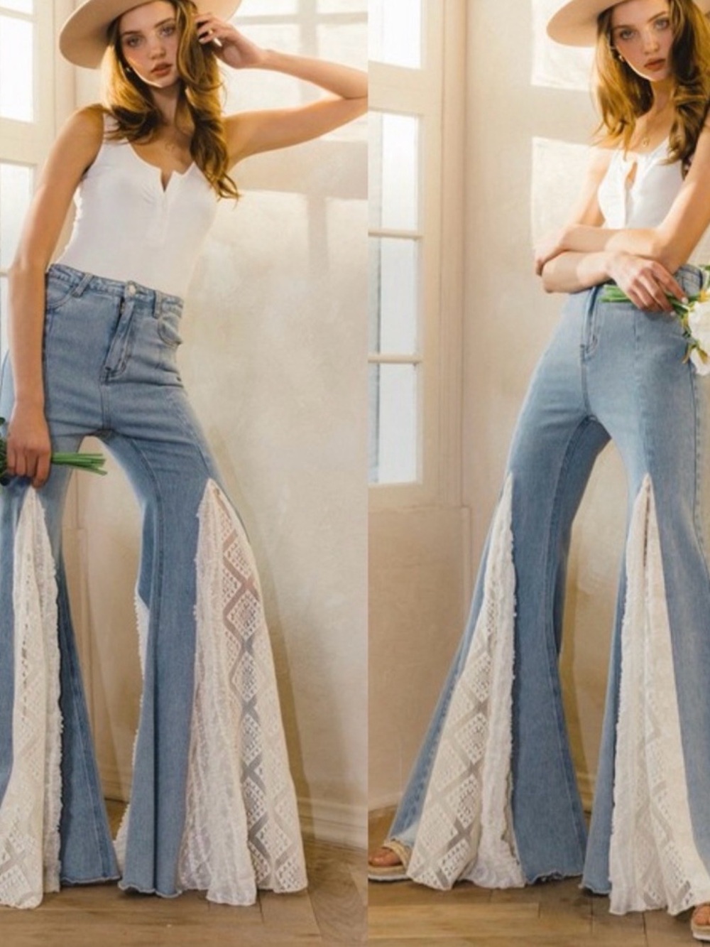 Anthropologie High-Waist Light Blue Flare Jeans with White Lace Panels!
